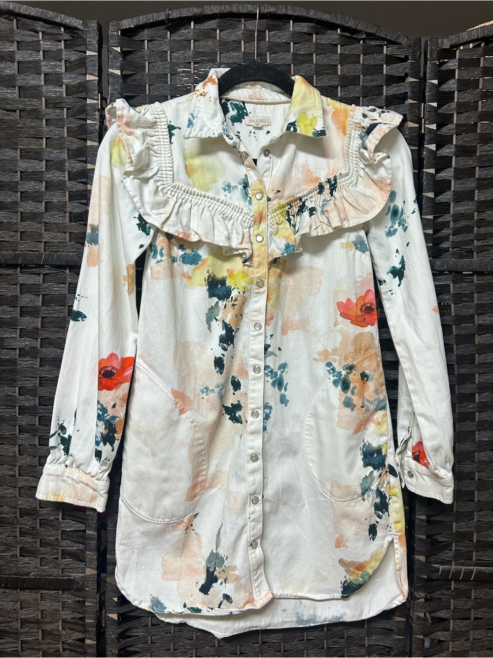 Pilcro Anthropologie soft denim floral dress with ruffles pearl snap XXS